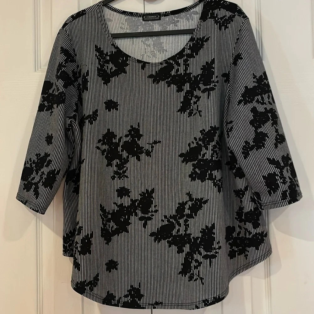 Vintage style black grey floral pattern 3/4 sleeves Blouse Sz L - Picture 4 of 13